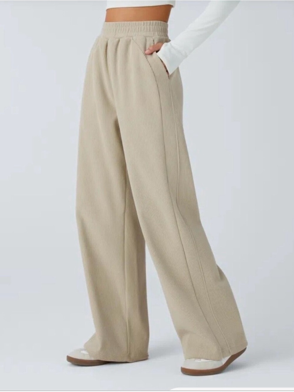 Halara High Waisted Pocket Straight Leg Baggy Mop Corduroy Pants Beige Sz L